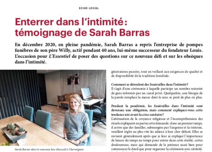 Article on Les pompes funèbres Barras and the takeover of the company by Sarah Barras in 2020